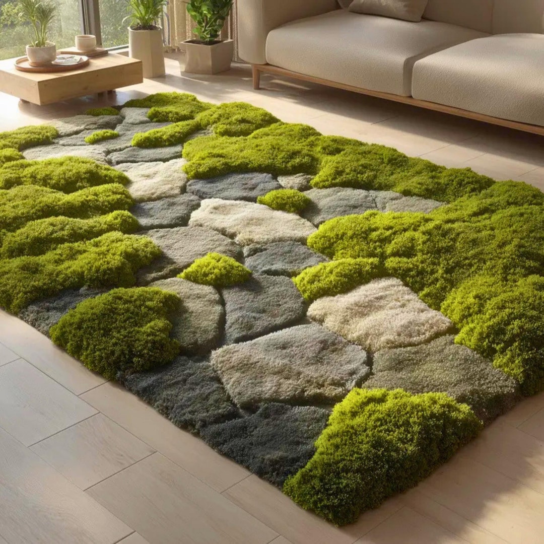 Moss Green Pebble Stone Hand Tufted Wool Rug, Organic Sculpted Carpet ...