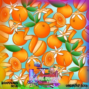 May include: A colourful illustration of oranges, orange blossom, and orange peel ribbons set against a light blue backdrop. The image includes the text "HANDDRAWN NO AI", "LIL & MIL DESIGNS + MAKES" and "UNLIMITED FILES".