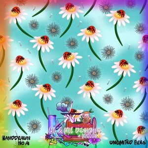 May include: A digital illustration with a repeating pattern of white daisies, yellow centers, and red ladybirds. Dandelion seed heads and text that reads "Lil & Mil Designs Makes" and "Unlimited Files" are also present.