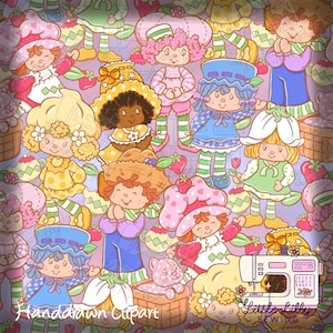 May include: A repeating pattern of cartoon characters in dresses and hats in pink, yellow, blue, and green. The characters are set against a light purple background. The words "Handdrawn Clipart" and "Little Lilly Sewing" are also visible.