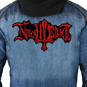 May include: Red embroidered patch with the text "Nightbringer" in a gothic font. The patch features a black background and a stylized inverted cross.