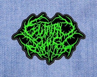 May include: Green embroidered patch with the text "SUFFOCATE" in a black gothic font.