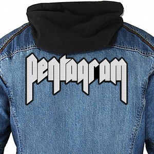 May include: A blue denim jacket with a black hooded liner and a white embroidered patch that says "Pentagram" on the back.