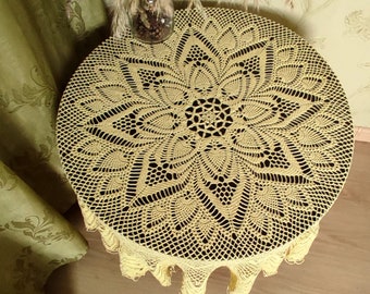 Tovaglia in pizzo giallo all'uncinetto fatta a mano per tavolo da pranzo, decorazione rotonda in stile rustico, centrotavola vintage
