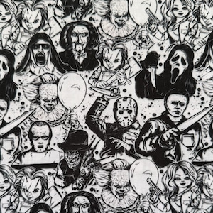 May include: A repeating black and white pattern featuring horror movie characters. The design includes illustrations of famous figures such as Michael Myers, Freddy Krueger, and Pennywise, set against a white background with black splatters.