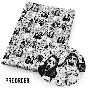 May include: Black and white fabric with a repeating pattern of horror movie characters. The fabric features iconic characters like Ghostface, Freddy Krueger, and Jason Voorhees.