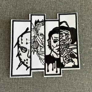 May include: An embroidered patch in black and white, depicting four iconic horror movie characters: Jason Voorhees, Freddy Krueger, Michael Myers, and a fourth character. The patch has a white background with a black border.