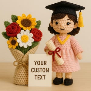 Muñeca de crochet de graduación personalizada con ramo de flores | Regalo Amigurumi personalizado para graduados | Recuerdo de graduación único hecho a mano