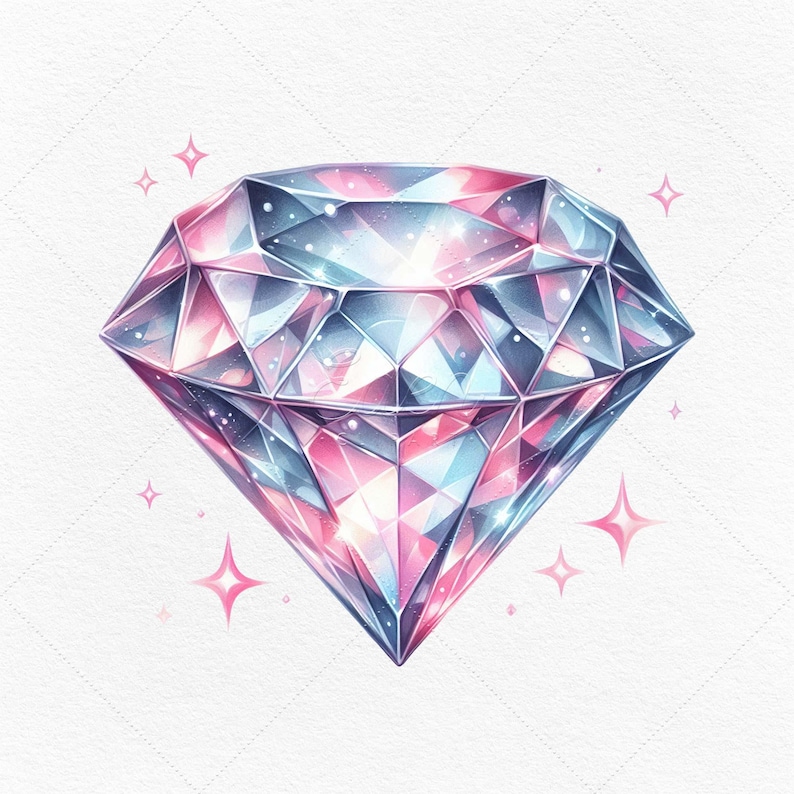 May include: A large, sparkling diamond with a pink and blue iridescent glow. The diamond is faceted and has a pointed top.