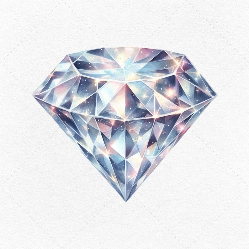 May include: A large, sparkling diamond with a faceted design. The diamond is rendered in a watercolor style with a blue and purple hue.