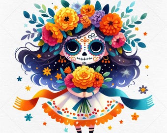 May include: A colorful illustration of a Day of the Dead sugar skull girl with a floral crown and a bouquet of flowers. She is wearing a white dress with orange and white embroidery.