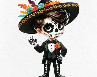 May include: A cartoon illustration of a person wearing a black sombrero with colorful flowers and a black tuxedo. The person has a sugar skull face paint design and is holding a red rose.