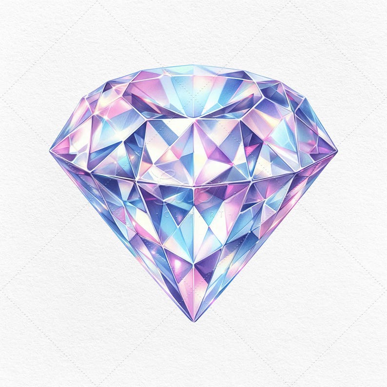 May include: A large, iridescent diamond with a faceted design. The diamond is a light blue and purple color with a white background.