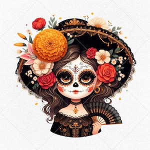 Lot de 10 cliparts Catrina élégants à l'aquarelle • Día de los Muertos PNG/JPG • Images du jour des morts • Téléchargement instantané • Utilisation commerciale gratuite