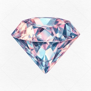 May include: A large, faceted diamond with a pink and blue iridescent sheen. The diamond is rendered in a watercolor style.