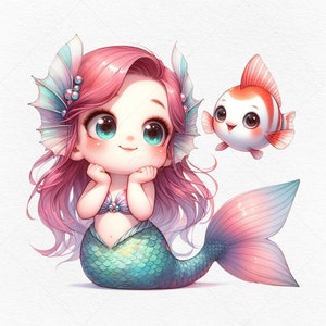 6 uroczych syrenek Clipart • Małe syrenki z uroczymi zwierzętami morskimi • Fantazyjny projekt plaży na zaproszenia, dekoracje i kreatywne projekty
