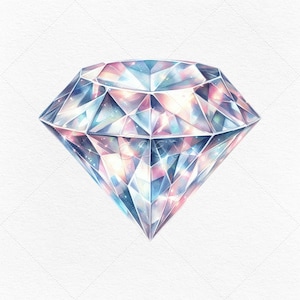 May include: A large, sparkling diamond with a faceted design. The diamond is rendered in watercolor with a soft, iridescent glow.