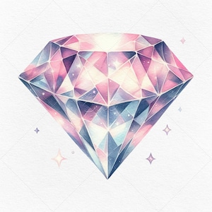 May include: A large, sparkling pink and blue diamond with a faceted design. The diamond is rendered in a watercolor style with a soft, dreamy effect.