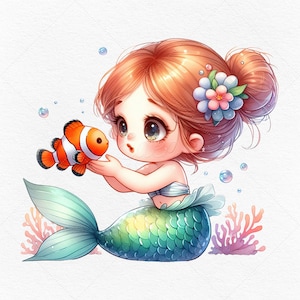 6 süße Meerjungfrau-Clipart-Bilder • Aquarell PNG Clip Art • JPG Digitale Dateien Downloads • Print on Demand erlaubt • Kommerzielle Nutzung