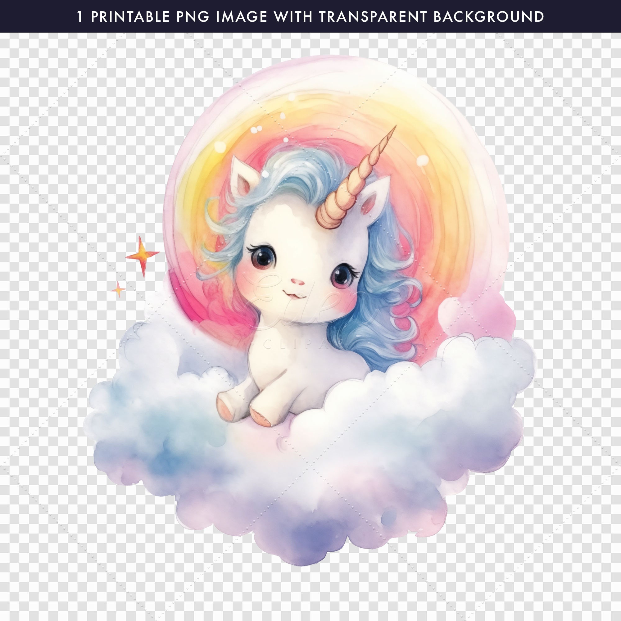 Cute Baby Unicorn on Cloud Clip Art PNG + JPG Files • Instant Download ...