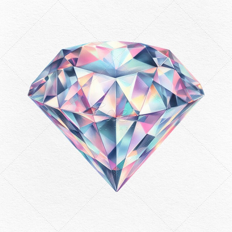 May include: A large, iridescent diamond with a faceted design. The diamond is rendered in a watercolor style with shades of pink, blue, and purple.