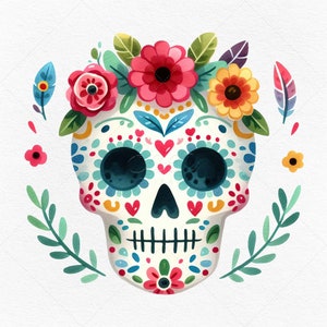 8 cliparts aquarelle mexicaine du jour des morts • Illustrations colorées de crânes en sucre de haute qualité • Images gratuites à usage commercial