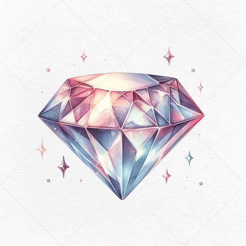 May include: A large, sparkling diamond with a pink and blue iridescent sheen. The diamond is rendered in a watercolor style with a white background.