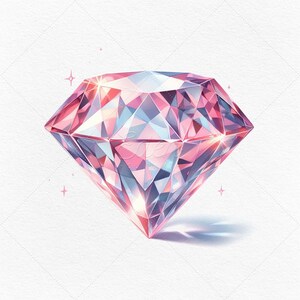 May include: A large, pink diamond with a faceted, iridescent surface. The diamond is set against a white background.