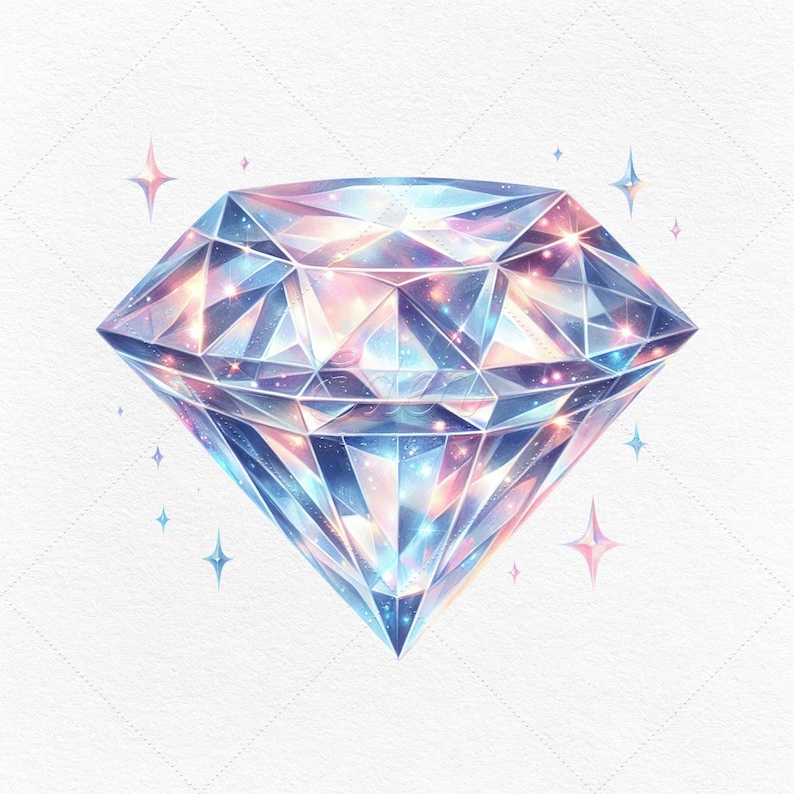 May include: A large, sparkling diamond with a rainbow iridescent sheen. The diamond is faceted and has a pointed top. The background is a white, textured surface.