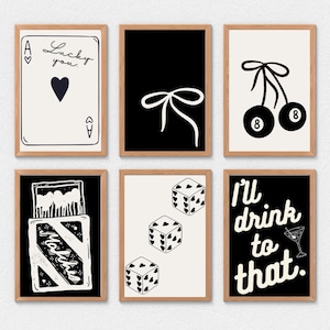 Set van zes muurafdrukken woondecoratie centrum meisje, Lucky Girl Aesthetic, Lucky You Print, trendy coquette Bar Cart Art, preppy cocktailprints