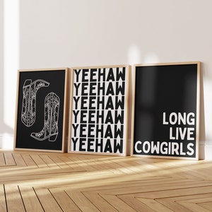 Long Live Cowgirls Poster Set of 3, Black Coastal Cowgirl Boot Print Costal Cowgirl Wall Art Preppy Coastal Aesthetic, Coastal Granddaughter