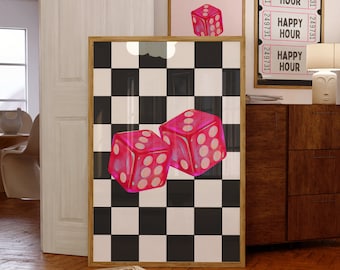 Holographic Pink Dice Maximalist Style Wall Art, Lucky Girl Aesthetic Collage Print, Take A Chance, Roll The Dice Poster, Pink Retro Poster
