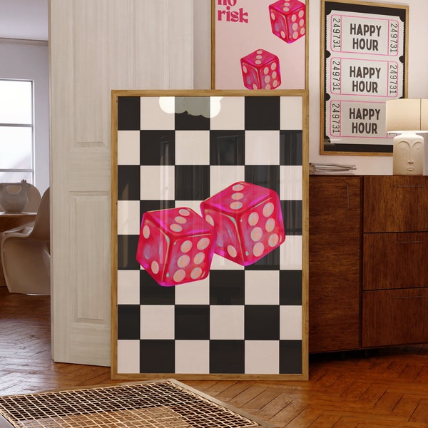 Holographic Pink Dice Maximalist Style Wall Art, Lucky Girl Aesthetic Collage Print, Take A Chance, Roll The Dice Poster, Pink Retro Poster