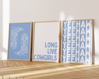 Live Cowgirls Poster Set of 3, Blue Coastal Cowgirl Boots Print, Costal Cowgirl Wall Art, Preppy Coastal Aesthetic, Coastal Granddaughter