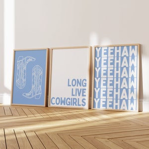 Live Cowgirls Poster Set of 3, Blue Coastal Cowgirl Boots Print, Costal Cowgirl Wall Art, Preppy Coastal Aesthetic, Coastal Granddaughter