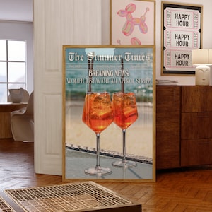 Gazeta Aperol Spritz Bar Sign Art Print, Aperol Spritz Watercolor Preppy Wall Art Letnia dekoracja kuchni, Maksymalistyczne letnie drinki Wall Art