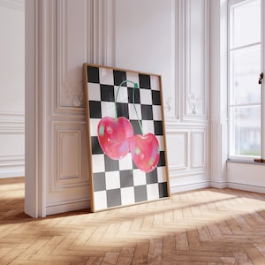 Trendy Maximalist Holographic Cherries Wall Art, Black and White Checkered Wall Art, Cherry Dopamine Decor Printable Wall Art, Y2k Aesthetic