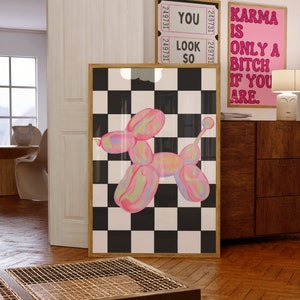 Maximalist Ballon Hund Wanddruck, Retro adrette Haustier-Eltern-Kunst, abstrakte Tierliebhaber Wandkunst, Ballon-Hundedekor, schrullige Wohnungsästhetik