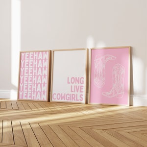 Lot de 3 affiches de cow-girls, botte de cow-girl côtière rose impression art mural cow-girl côtier, esthétique côtière BCBG, petite-fille côtière