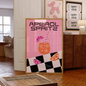 Aperol Spritz Bar Sign Art Print, Aperol Spritz Watercolor Preppy Wall Art, Letnia dekoracja kuchni, Maksymalistyczne modne letnie drinki Wall Art