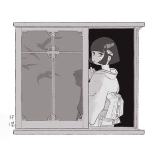 レトロな着物の女の子のポートレートイラスト ポストカードアートプリント 着物女子、窓際で読書中 A4サイズ アートプリント