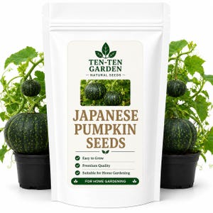 Peut inclure: Un sachet blanc debout de graines de citrouille japonaise avec une étiquette portant le texte TEN-TEN GARDEN NATURAL SEEDS, JAPANESE PUMPKIN SEEDS et des icônes. Le sachet est flanqué de deux pots noirs contenant des plants de citrouille verts.