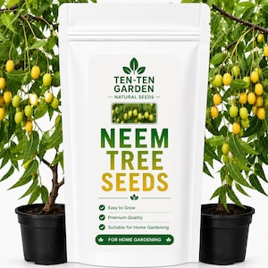 May include: A white stand-up pouch labelled Ten-Ten Garden Natural Seeds Neem Tree Seeds. The label features a green logo, a small image of a neem tree with yellow fruit, and text including Easy to Grow, Premium Quality, and For Home Gardening.