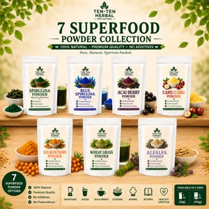 May include: A collection of seven Ten-Ten Herbal superfood powder pouches including Spirulina, Blue Spirulina, Acai Berry, Camu Camu, Sea Buckthorn, Wheat Grass, and Alfalfa. Each white pouch features a logo, product name, and ingredient imagery.