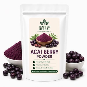 May include: A white stand-up pouch of Ten-Ten Herbal Acai Berry Powder. The label features a wooden bowl filled with deep purple powder, surrounded by fresh dark berries and green leaves. Text includes "TEN-TEN HERBAL" and "ACAI BERRY POWDER".