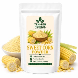 May include: A white stand-up pouch of Ten-Ten Herbal Sweet Corn Powder. The label features a bowl of yellow corn powder, fresh corn cobs, and green leaves. Text includes 'TEN-TEN HERBAL', '100% NATURAL', 'SWEET CORN POWDER', and checkmark bullet points.