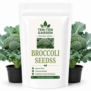 May include: A white stand-up pouch of broccoli seeds with a label featuring the text TEN-TEN GARDEN NATURAL SEEDS BROCCOLI SEEDSS, Easy to Grow, Premium Quality, Suitable for Home Gardening, and FOR HOME GARDENING, flanked by two potted broccoli plants.