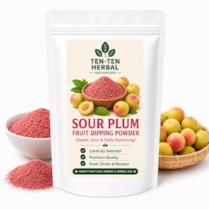 May include: A white stand-up pouch of Ten-Ten Herbal Sour Plum Fruit Dipping Powder. The label features a wooden bowl of pink powder, fresh plums, and text including "100% Natural" and "Sweet, Sour & Salty Seasoning." Pink powder is visible in a bowl.