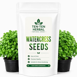 May include: A white stand-up pouch of Ten-Ten Herbal watercress seeds with a green logo and text. The label features the words Watercress Seeds, Easy to Grow, Premium Quality, and For Home Gardening, flanked by two potted green watercress plants.