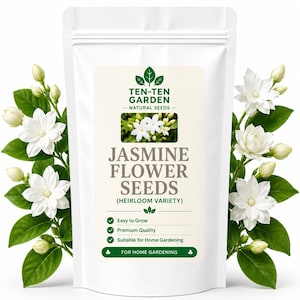 以下が含まれることがあります： ジャスミンの花の種が入った白いスタンドパウチ。ラベルには「TEN-TEN GARDEN NATURAL SEEDS」、「JASMINE FLOWER SEEDS (HEIRLOOM VARIETY)」、「Easy to Grow」、「Premium Quality」、「Suitable for Home Gardening」、「FOR HOME GARDENING」と記載されています。